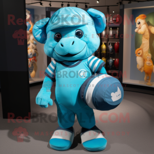 Cyan American Football Helmet mascot costume character dressed with a Romper and Messenger bags