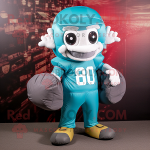 Cyan American Football Helmet mascot costume character dressed with a Romper and Messenger bags
