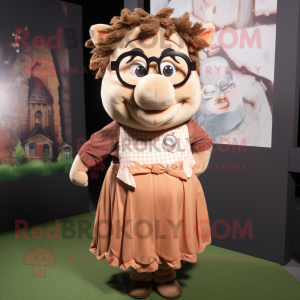 Brown Sow mascot costume character dressed with a Maxi Skirt and Eyeglasses