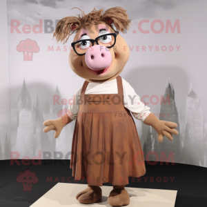 Brown Sow mascot costume character dressed with a Maxi Skirt and Eyeglasses