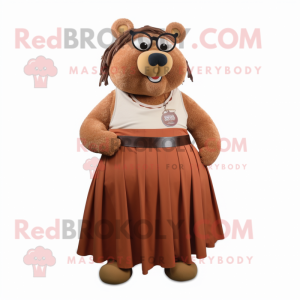 Brown Sow mascot costume character dressed with a Maxi Skirt and Eyeglasses