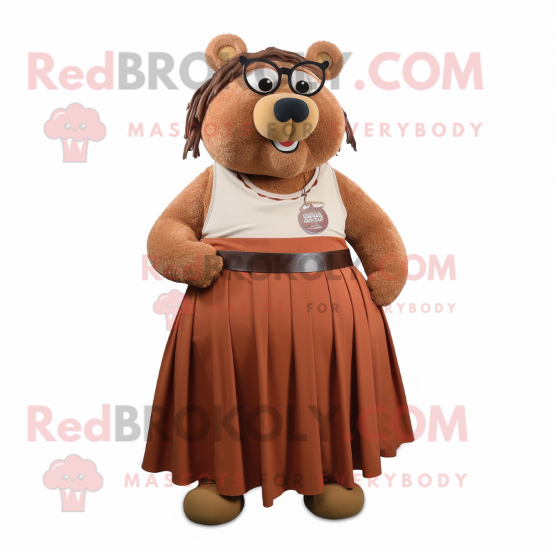 Brown Sow mascot costume character dressed with a Maxi Skirt and Eyeglasses Brown Sow mascot costume character dressed with a Maxi Skirt and Eyeglasses
