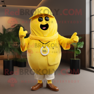 Lemon Yellow Potato mascot costume character dressed with a Jumpsuit and Berets