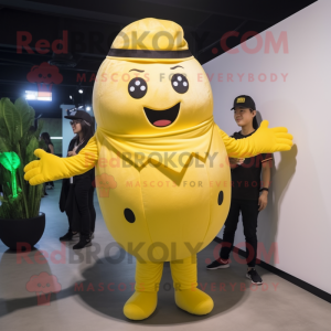 Lemon Yellow Potato mascot costume character dressed with a Jumpsuit and Berets