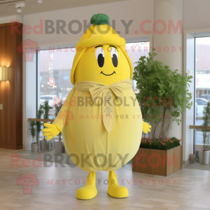 Lemon Yellow Potato mascot costume character dressed with a Jumpsuit and Berets