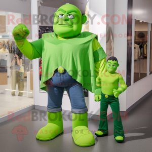 Lime Green Superhero mascot costume character dressed with a Boyfriend Jeans and Cummerbunds