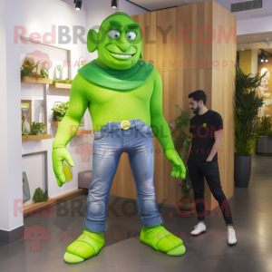 Lime Green Superhero mascot costume character dressed with a Boyfriend Jeans and Cummerbunds