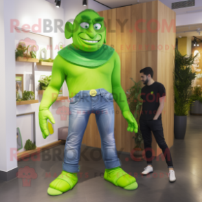 Lime Green Superhero mascot costume character dressed with a Boyfriend Jeans and Cummerbunds