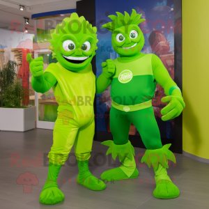 Lime Green Superhero mascot costume character dressed with a Boyfriend Jeans and Cummerbunds