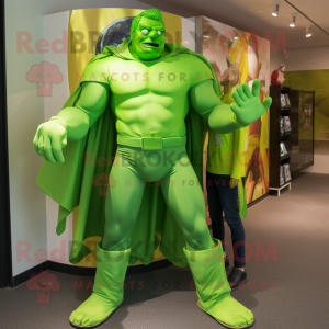 Lime Green Superhero mascot costume character dressed with a Boyfriend Jeans and Cummerbunds