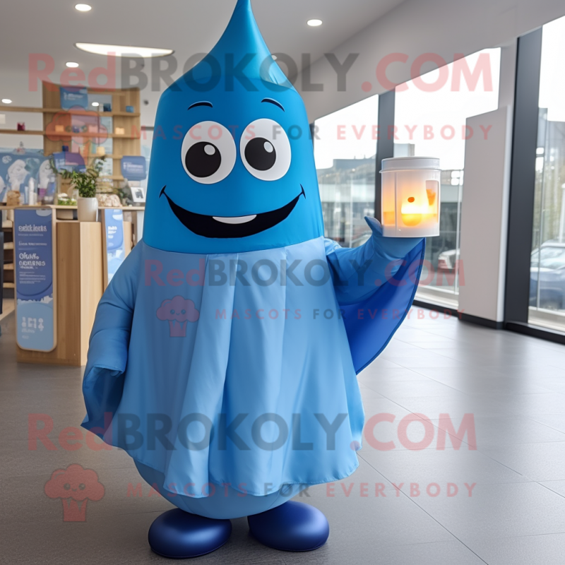 Blue Scented Candle mascot costume character dressed with a A-Line Dress and Wraps Blue Scented Candle mascot costume character dressed with a A-Line Dress and Wraps