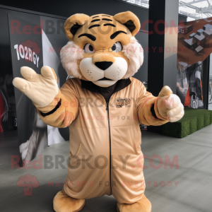 Tan Tiger mascot costume character dressed with a Windbreaker and Gloves