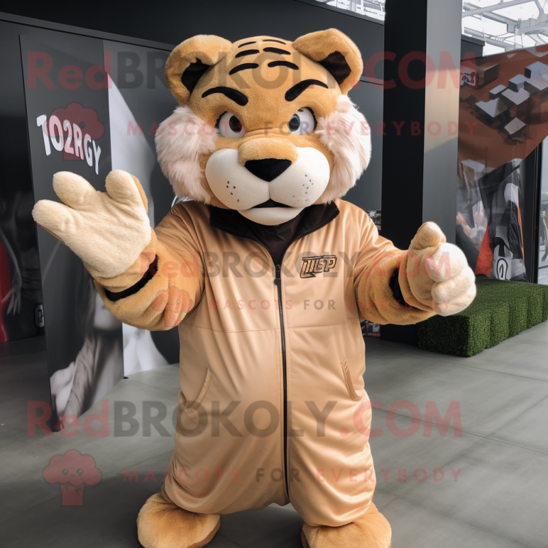 Tan Tiger mascot costume character dressed with a Windbreaker and Gloves