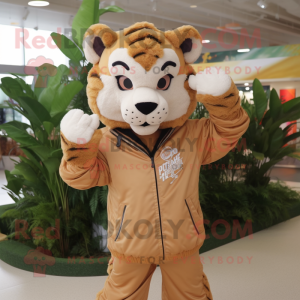 Tan Tiger mascot costume character dressed with a Windbreaker and Gloves
