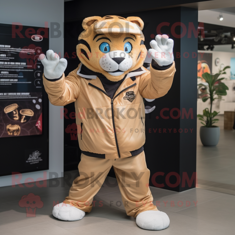 Tan Tiger mascot costume character dressed with a Windbreaker and Gloves Tan Tiger mascot costume character dressed with a Windbreaker and Gloves