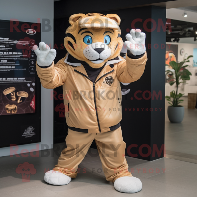 Tan Tiger mascot costume character dressed with a Windbreaker and Gloves