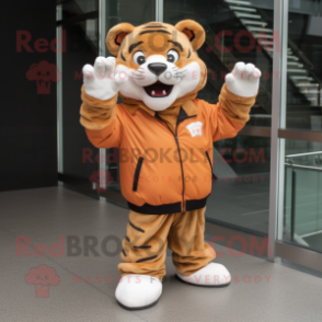 Tan Tiger mascot costume character dressed with a Windbreaker and Gloves