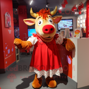 Red Jersey Cow mascot costume character dressed with a Wrap Dress and Hair clips