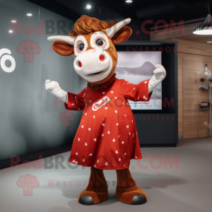 Red Jersey Cow mascot costume character dressed with a Wrap Dress and Hair clips