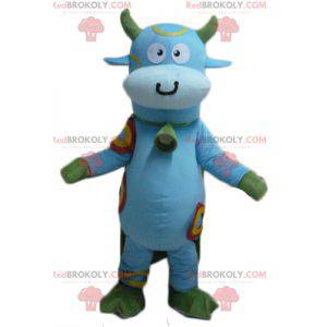 Blue and green cow mascot with a bell around its neck -