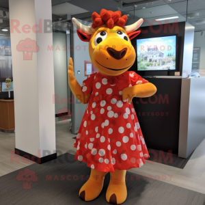 Red Jersey Cow mascot costume character dressed with a Wrap Dress and Hair clips