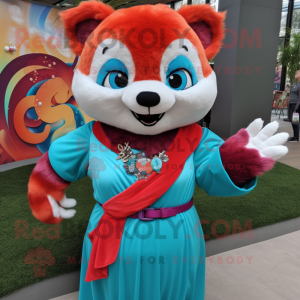 Cyan Red Panda mascot costume character dressed with a Maxi Dress and Rings