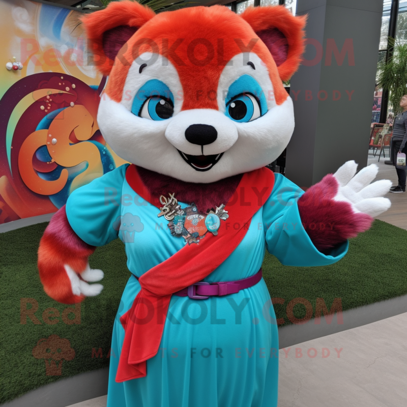 Cyan Red Panda mascot costume character dressed with a Maxi Dress and Rings Cyan Red Panda mascot costume character dressed with a Maxi Dress and Rings