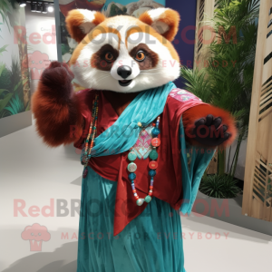Cyan Red Panda mascot costume character dressed with a Maxi Dress and Rings
