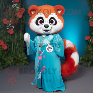 Cyan Red Panda mascot costume character dressed with a Maxi Dress and Rings