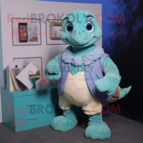 Cyan Turtle mascot costume character dressed with a Cardigan and Wallets