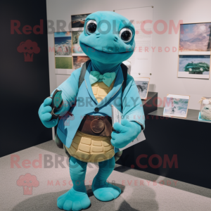Cyan Turtle mascot costume character dressed with a Cardigan and Wallets