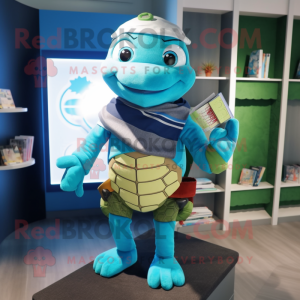 Cyan Turtle mascot costume character dressed with a Cardigan and Wallets