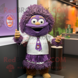 Purple Biryani mascot costume character dressed with a Skirt and Tie pins