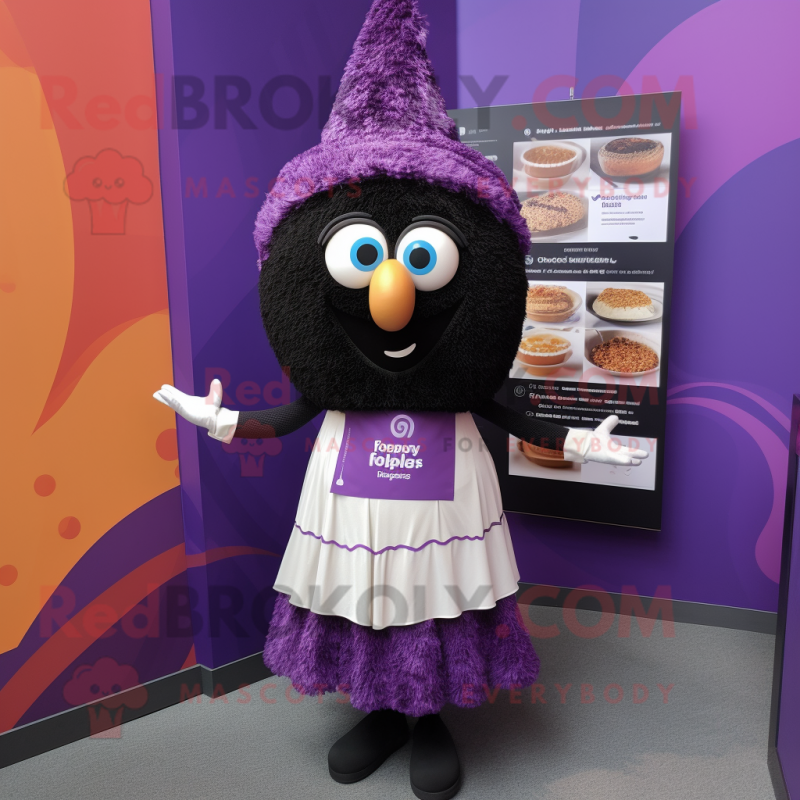 Purple Biryani mascot costume character dressed with a Skirt and Tie pins