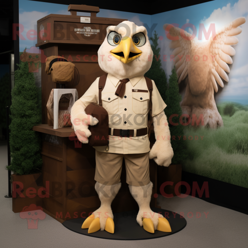Cream Hawk mascot costume character dressed with a Cargo Shorts and Rings Cream Hawk mascot costume character dressed with a Cargo Shorts and Rings