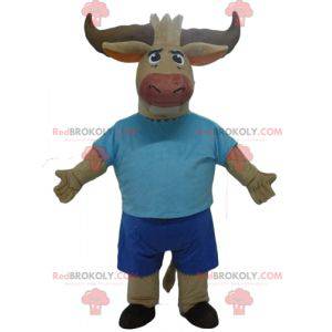 Brown Bull Büffel Maskottchen in blau gekleidet - Redbrokoly.com