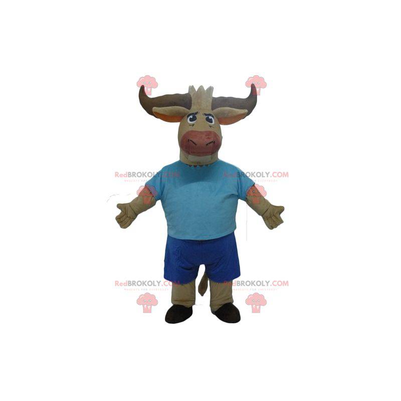 Mascota de búfalo toro marrón vestida de azul - Redbrokoly.com