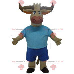Mascota de búfalo toro marrón vestida de azul - Redbrokoly.com
