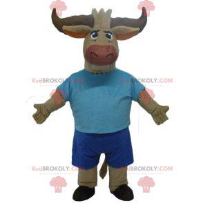 Mascotte de buffle de taureau marron habillé en bleu -