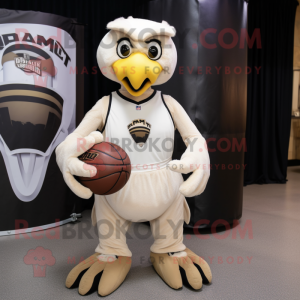 Cream Hawk mascot costume character dressed with a Cargo Shorts and Rings