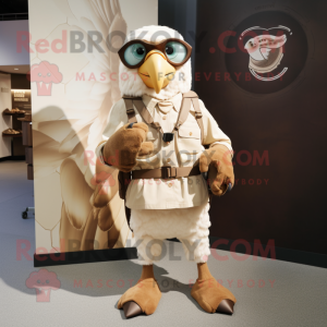 Cream Hawk mascot costume character dressed with a Cargo Shorts and Rings