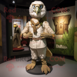 Cream Hawk mascot costume character dressed with a Cargo Shorts and Rings