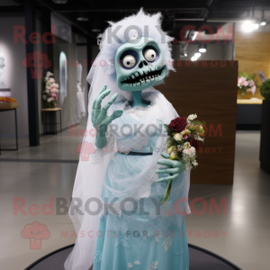 Cyan Zombie mascot costume character dressed with a Wedding Dress and Shawl pins