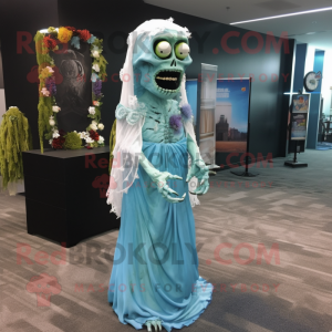 Cyan Zombie mascot costume character dressed with a Wedding Dress and Shawl pins