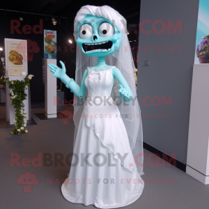 Cyan Zombie mascot costume character dressed with a Wedding Dress and Shawl pins