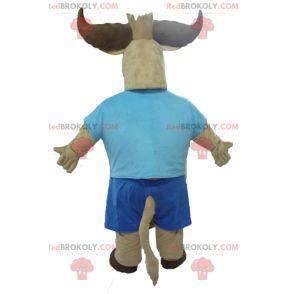 Mascotte de buffle de taureau marron habillé en bleu -