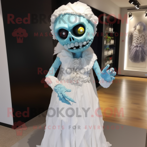 Cyan Zombie mascot costume character dressed with a Wedding Dress and Shawl pins