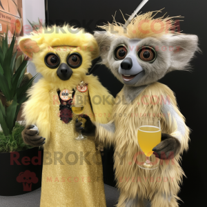 Gold Aye-Aye mascot costume character dressed with a Cocktail Dress and Wraps