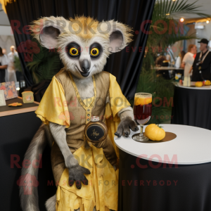 Gold Aye-Aye mascot costume character dressed with a Cocktail Dress and Wraps