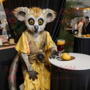 Gold Aye-Aye mascot costume character dressed with a Cocktail Dress and Wraps